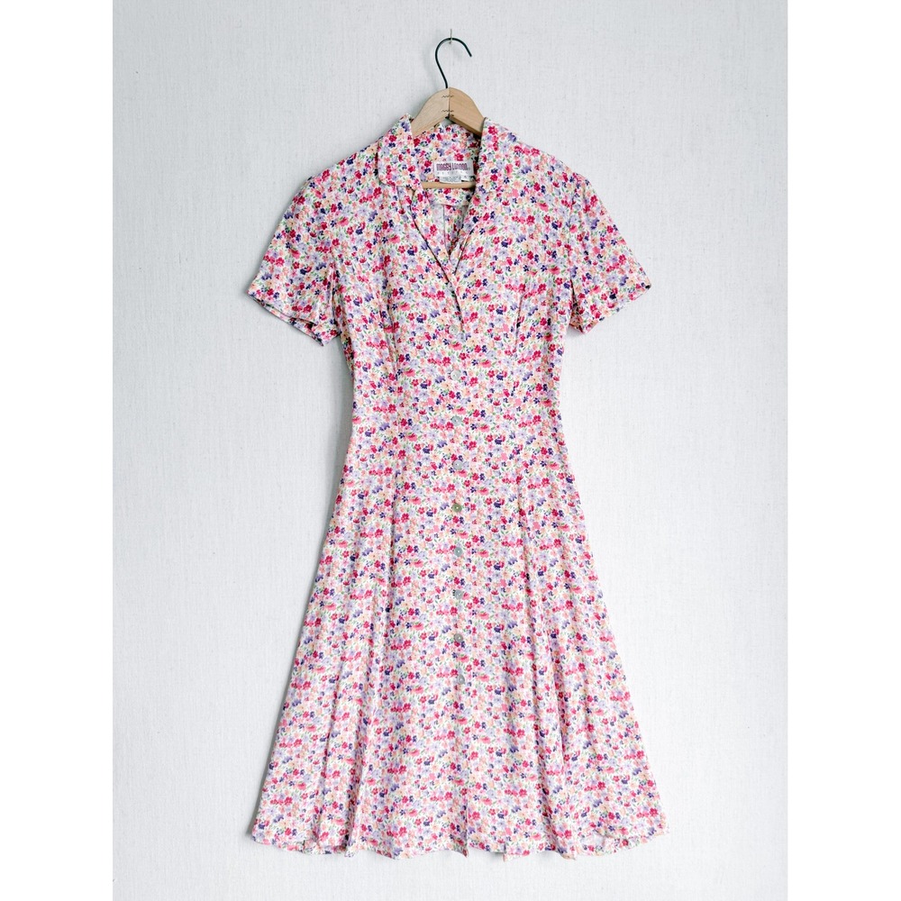 Maggy London Petites Vintage Floral Shirt Dress Pink Purple Rayon Midi Size‎ 4P